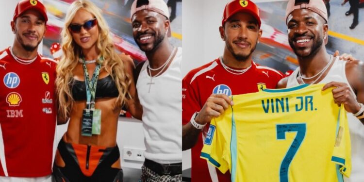 Lewis Hamilton posa com Vini Jr., mas ignora Virginia e gera reações