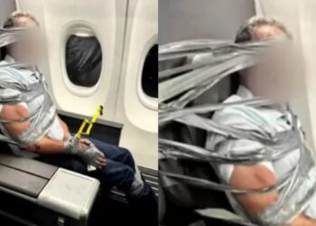 Vídeo: Passageiro é amarrado com fita após ataques racistas e homofóbicos em voo nos EUA; empresa toma decisão após caso Foto: Reprodução/ X