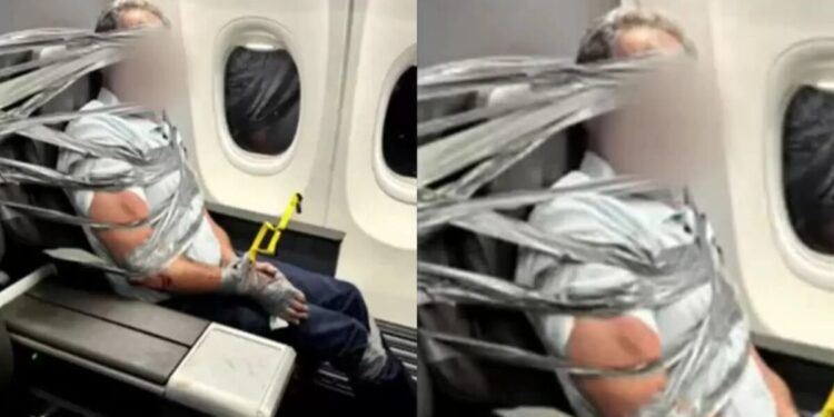 Vídeo: Passageiro é amarrado com fita após ataques racistas e homofóbicos em voo nos EUA; empresa toma decisão após caso Foto: Reprodução/ X